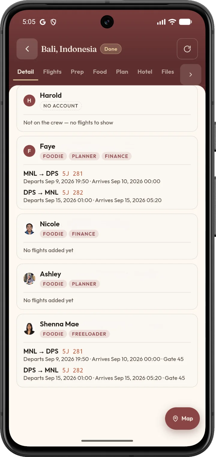 Crew and flights: who is on the trip, their roles, and everyone's flights.